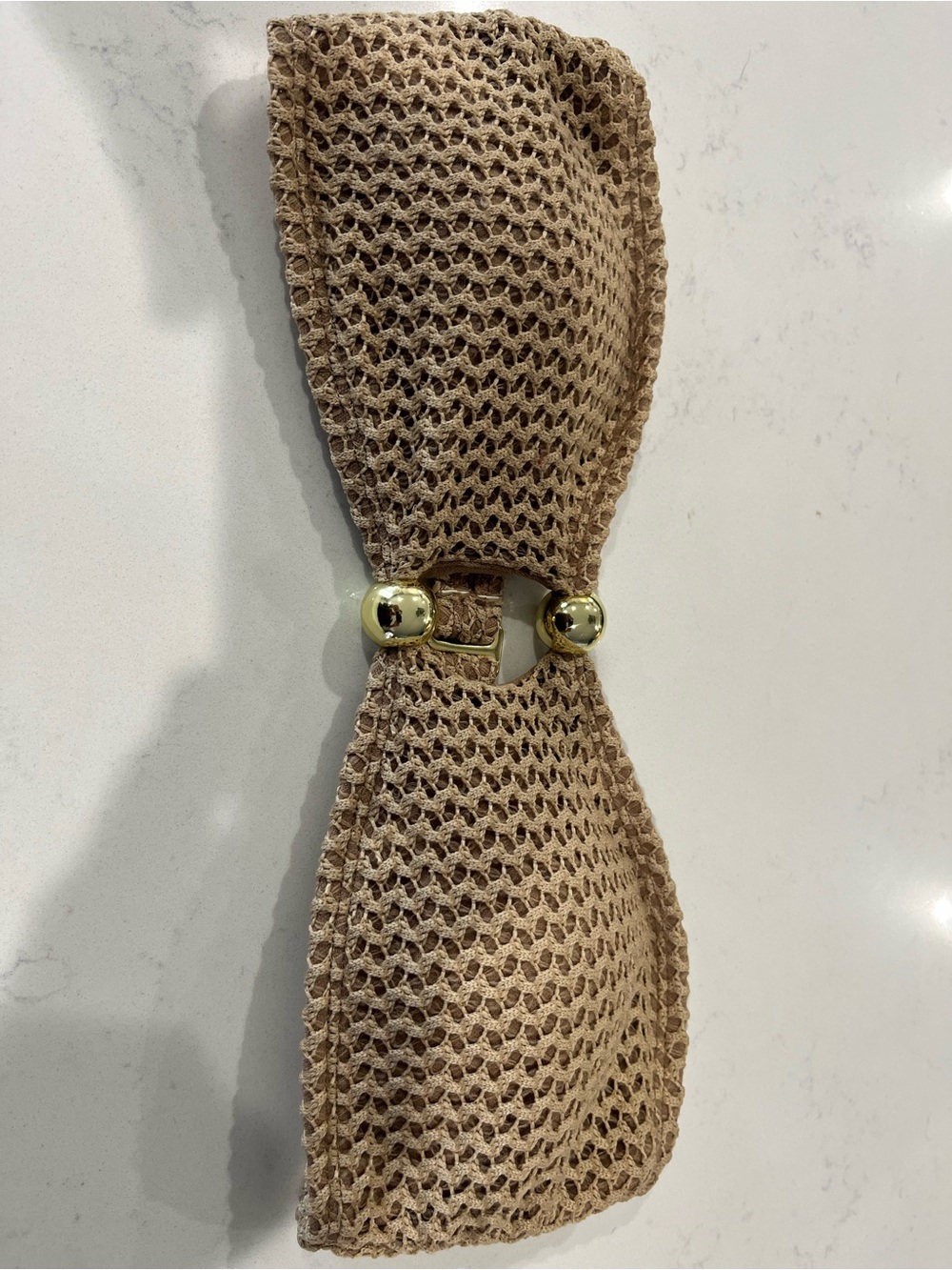 Beige Woven Bow Headband with Gold Accent